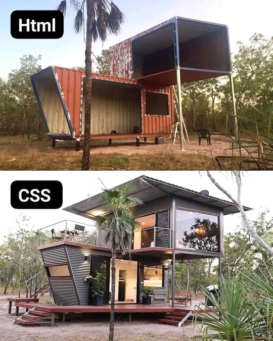 meme two photos, first is ugly box container labeled html second image is a nicer box home labeled css
